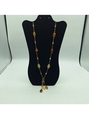 VINTAGE DANGLE STYLE NECKLACE AMBER TURQUOISE MILKY WHITE GLASS BEADS GOLD TONE